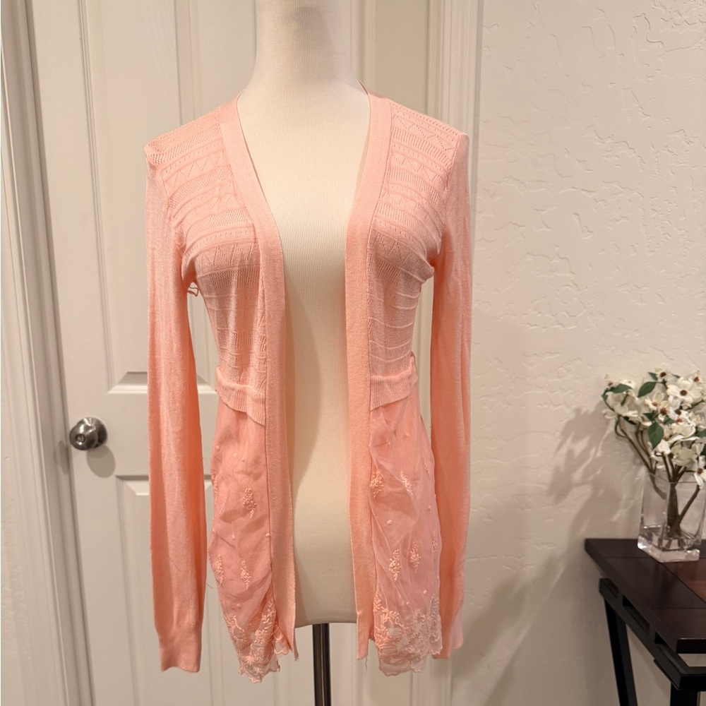 Light Pink Lace Trim Open Front Women's Cardigan Sweater